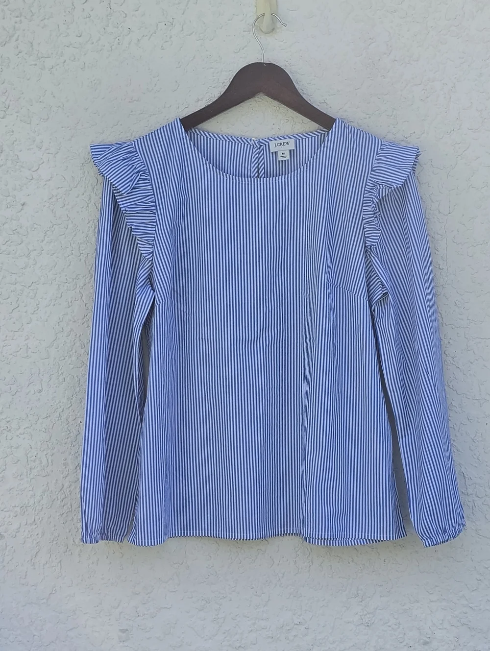 ​J. Crew Blue & White Striped Ruffle Shoulder Long Sleeve Blouse - Size M